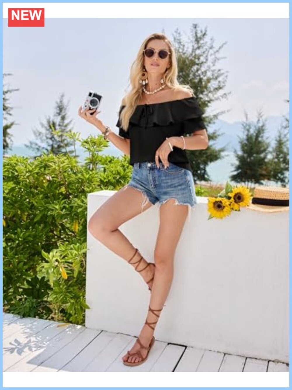 Off Shoulder Ruffle Sleeve Loose Chiffon Blouse Casual Dressy Top - Picture 5 of 5